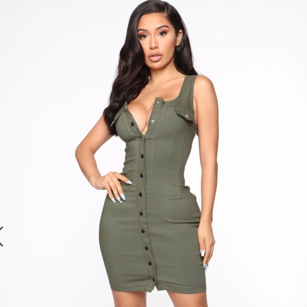Olive button down pocket midi dress